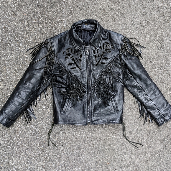 ✨SOLD✨Vintage Rose Fringe Leather Black Moto - Picture 4 of 12